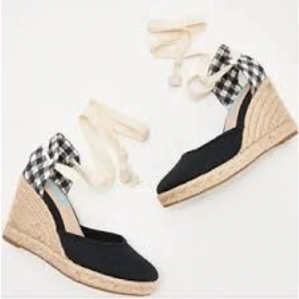 Draper James | Olivia Gingham Canvas Espadrille Wedges Black White Various Sizes